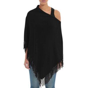 Minnie Rose One Size 100% Cashmere Black Ruana Poncho Fringe Trim